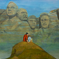 Figürliches Gemälde in Acryl. Vater und Sohn vor Felsen Mount Rushmore mit Whistleblowern statt Präsidenten. 