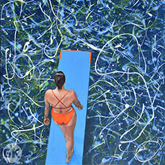 Eine Frau im Bikini, in Rückenansicht und aus der Vogelperspektive geht auf einem Sprungbrett. Unter ihr sieht man eine abstrakt gemalte Wasserfläche