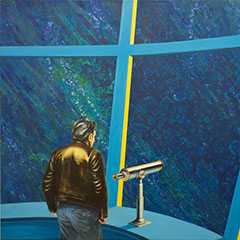 Das Gemälde in Acryl zeigt realistisch einen Mann in Lederjacke, der aus dem Fenster eines Raumschiff auf den darunter liegenden Ozean blickt.