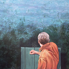 Gerhard Knell Landschaftsmalerei in Acryl figürlich. Mann liegt auf einem Steg und betrachtet das Wasser. Selbsterkenntnis.