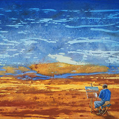Gerhard Knell Landschaftsmalerei in Acryl figürlich: Maler sitzt an der Staffelei und malt die abstrakte Landschaft, in der er sitzt.