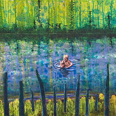 Gerhard Knell Figürliche Landschaftsmalerei in Acryl: Zwei Jungen schwimmen gemeinsam in einem fluß oder Bach.Der größere nimmt den kleineren Huckepack. 