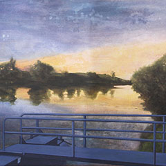 Gemälde in Acryl realistisch: Flussufer mit Landungssteg und Geländer am Neckar.