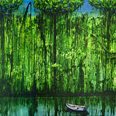 Landschaftsvisionen in Acryl realistisch: Ufer mit Boot am Waldrand im Urwald, smaragdfarben.