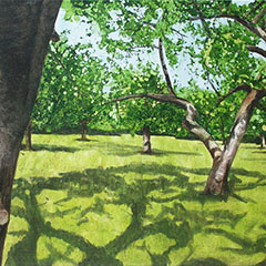 Malerei in Acryl realistische Landschaft mit Obstbäumen auf Wiese im Sommer. 