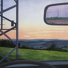 Gemälde Acryl realistisch weite Landschaft im Odenwald mit Autorückspiegel, Strommast.