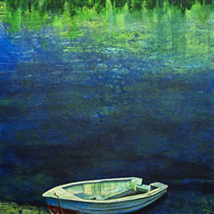 Gemälde in Acryl realistisches Ufer mit Boot am Waldrand. Tiefe, Stille, Einsam.