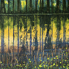 Landschaftsvision in Acryl: Ufer mit Waldrand Spiegelung im Wasser.