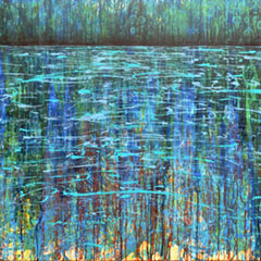 Die Wasseroberfläche eines Sees im Wald mit dem gegenüber liegendem Ufer. Vorherrschend sind Blau und Grüntöne, die Oberfläche ist gekräuselt und im Stil von Jackson Pollock gemalt. Zeitgenössische Kunst, moderne Malerei, Acrylgemälde, Großformatig Gerhard Knell
